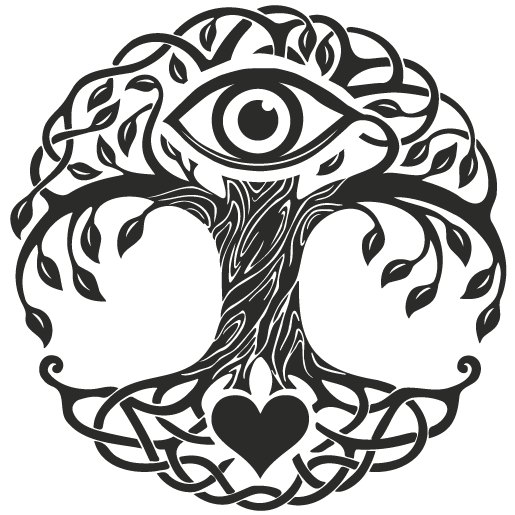 Czarne logo przedstawiające stylizowane drzewo. W koronie znajduje się symbol oka, a wśród korzeni zarys serca.